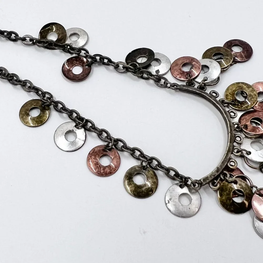 BOHO Vibes Tri-Colored Disk Dangle Brass Tone 14” Chain Choker Necklace - Picture 7 of 8